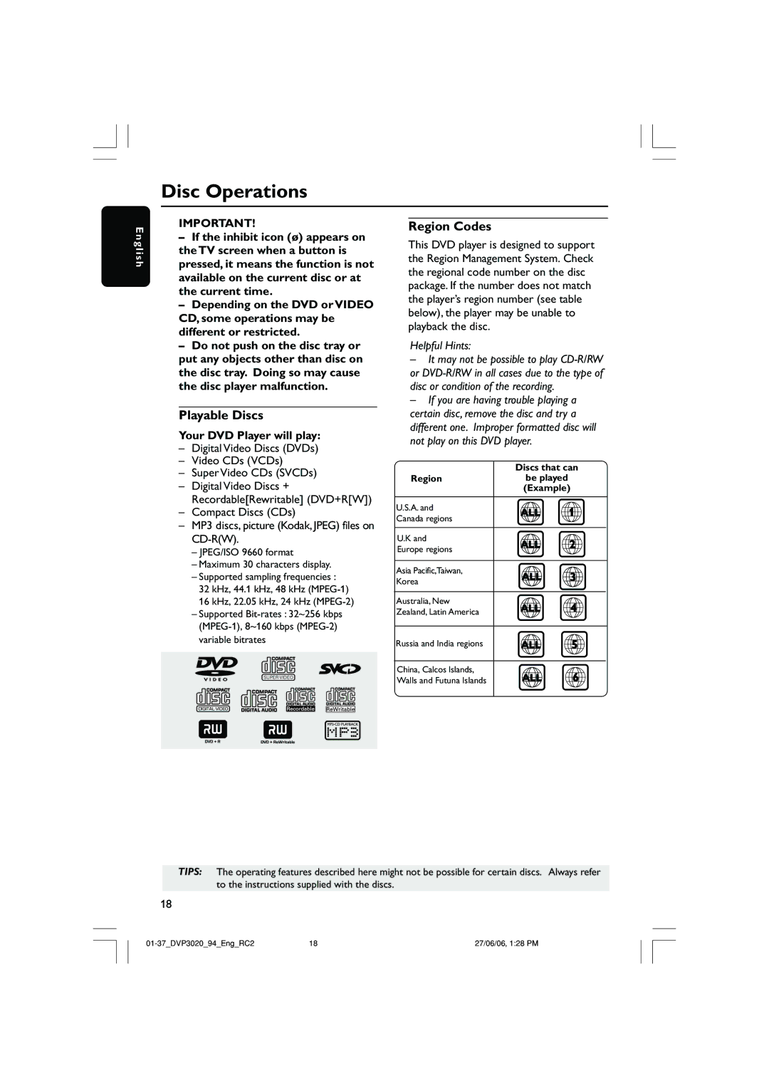 Philips DVP3020/94 user manual Disc Operations, Playable Discs, Region Codes, Your DVD Player will play 