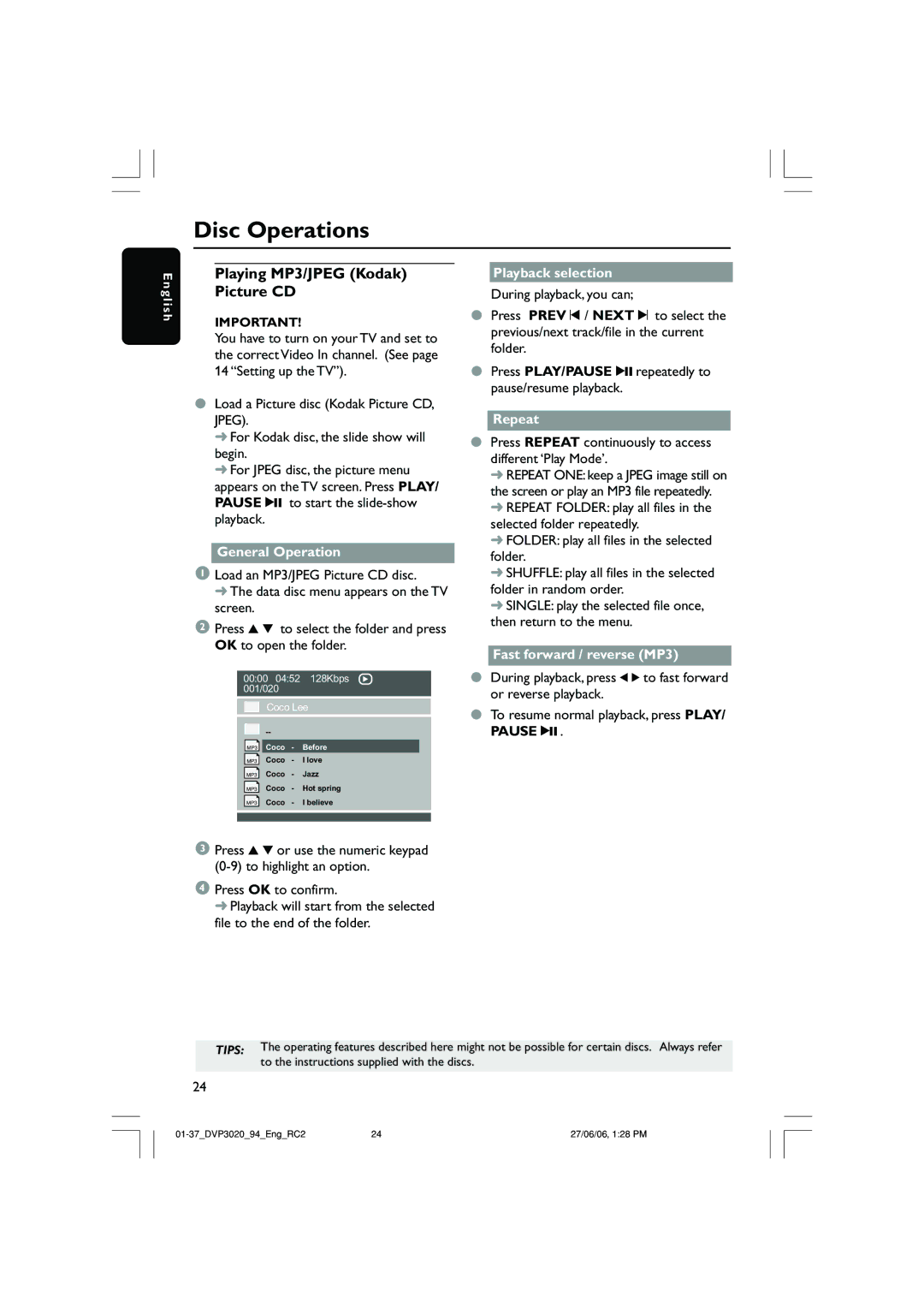 Philips DVP3020/94 user manual Playing MP3/JPEG Kodak Picture CD, General Operation, Playback selection, Repeat 