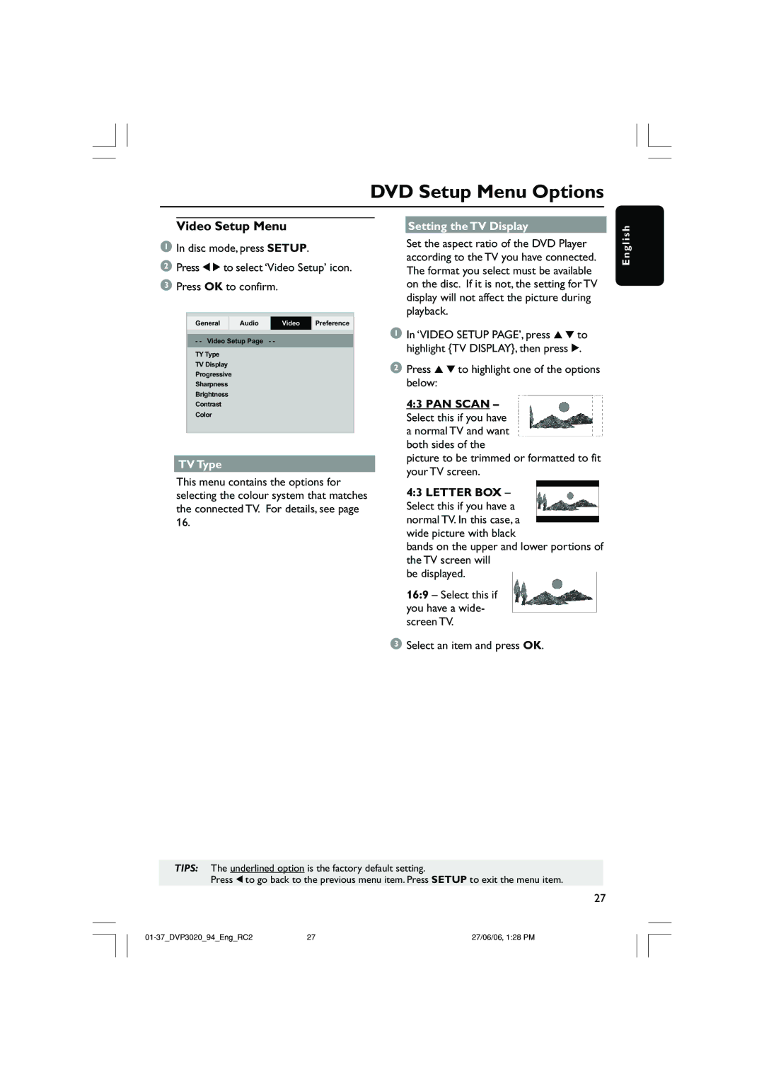 Philips DVP3020/94 user manual Video Setup Menu, TV Type, Setting the TV Display 