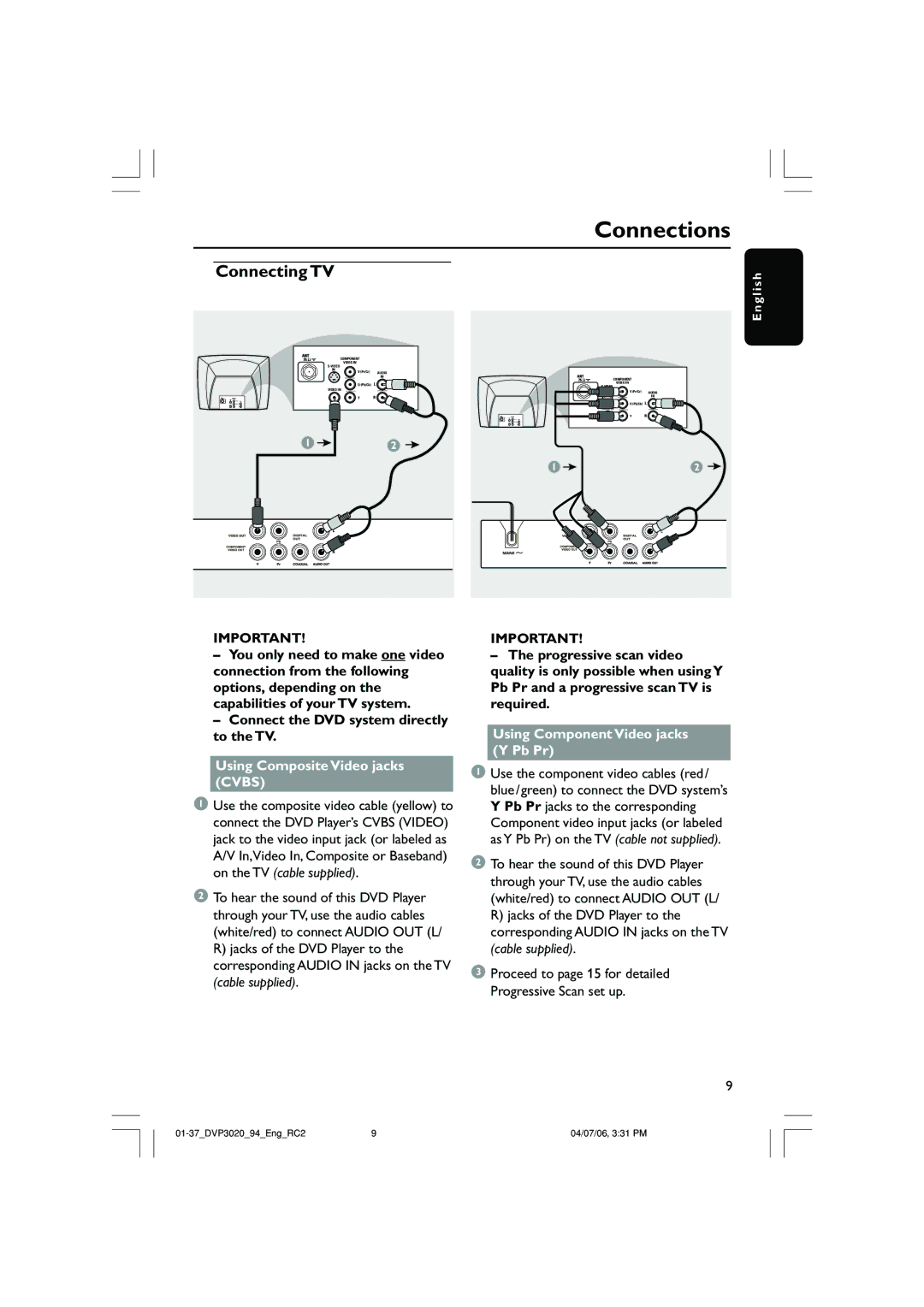 Philips DVP3020/94 user manual Connections, Using Composite Video jacks Cvbs, Using Component Video jacks Y Pb Pr 