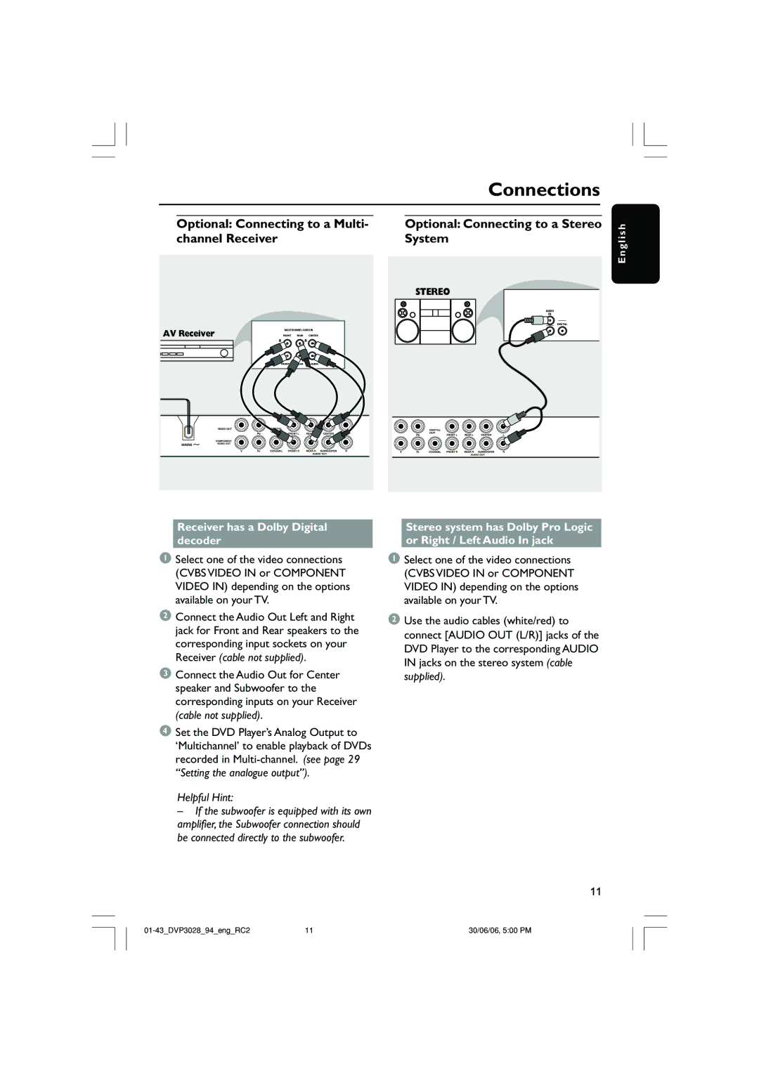 Philips DVP3028/94 user manual System, Channel Receiver, Receiver has a Dolby Digital decoder 