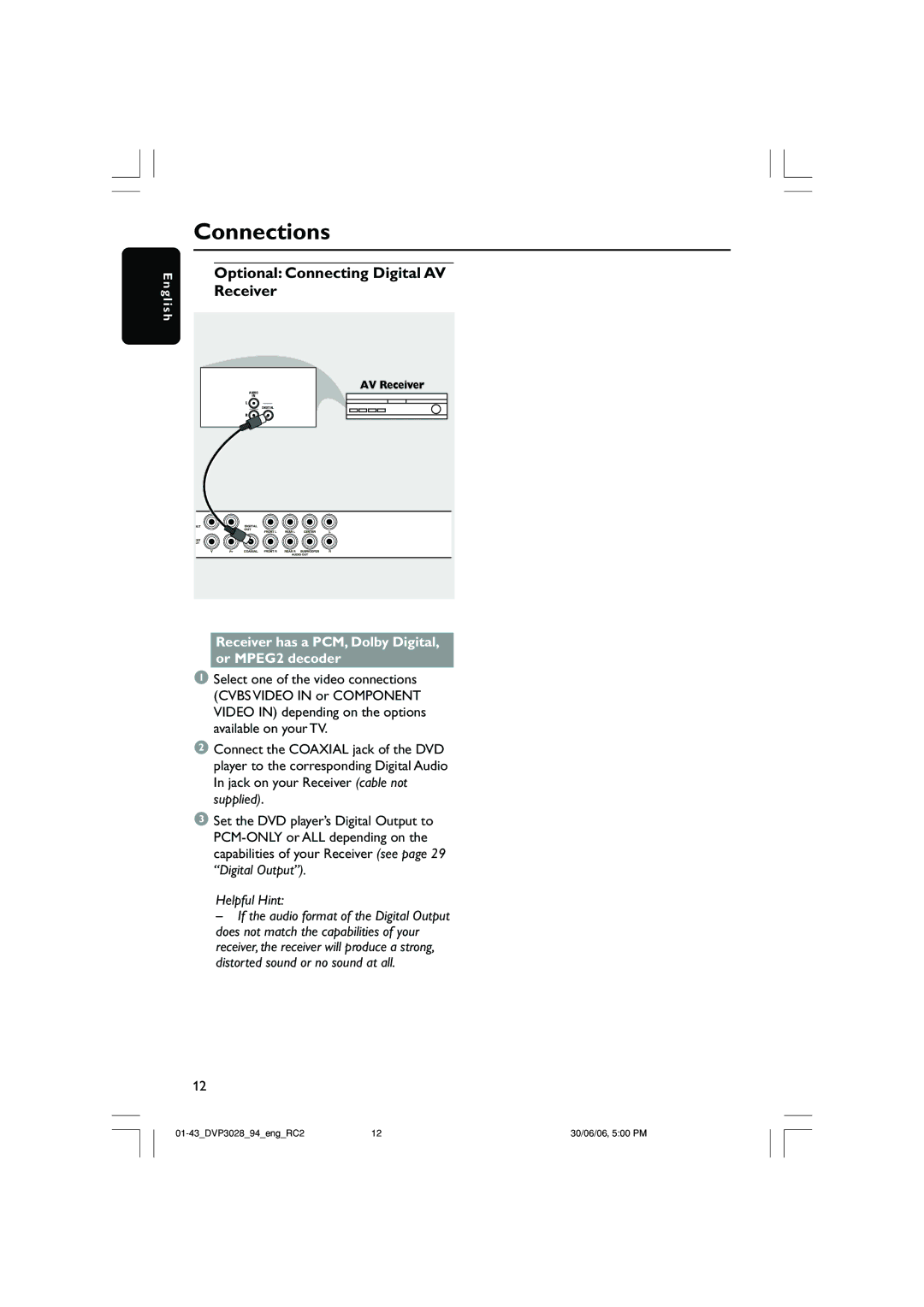 Philips DVP3028/94 user manual Optional Connecting Digital AV, Receiver has a PCM, Dolby Digital, or MPEG2 decoder 