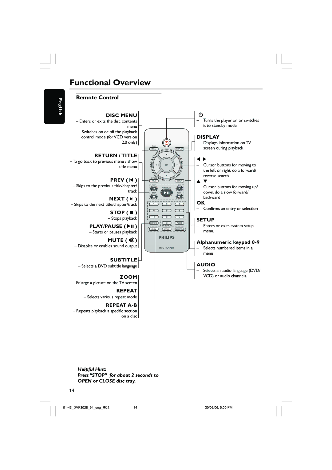 Philips DVP3028/94 user manual Remote Control 