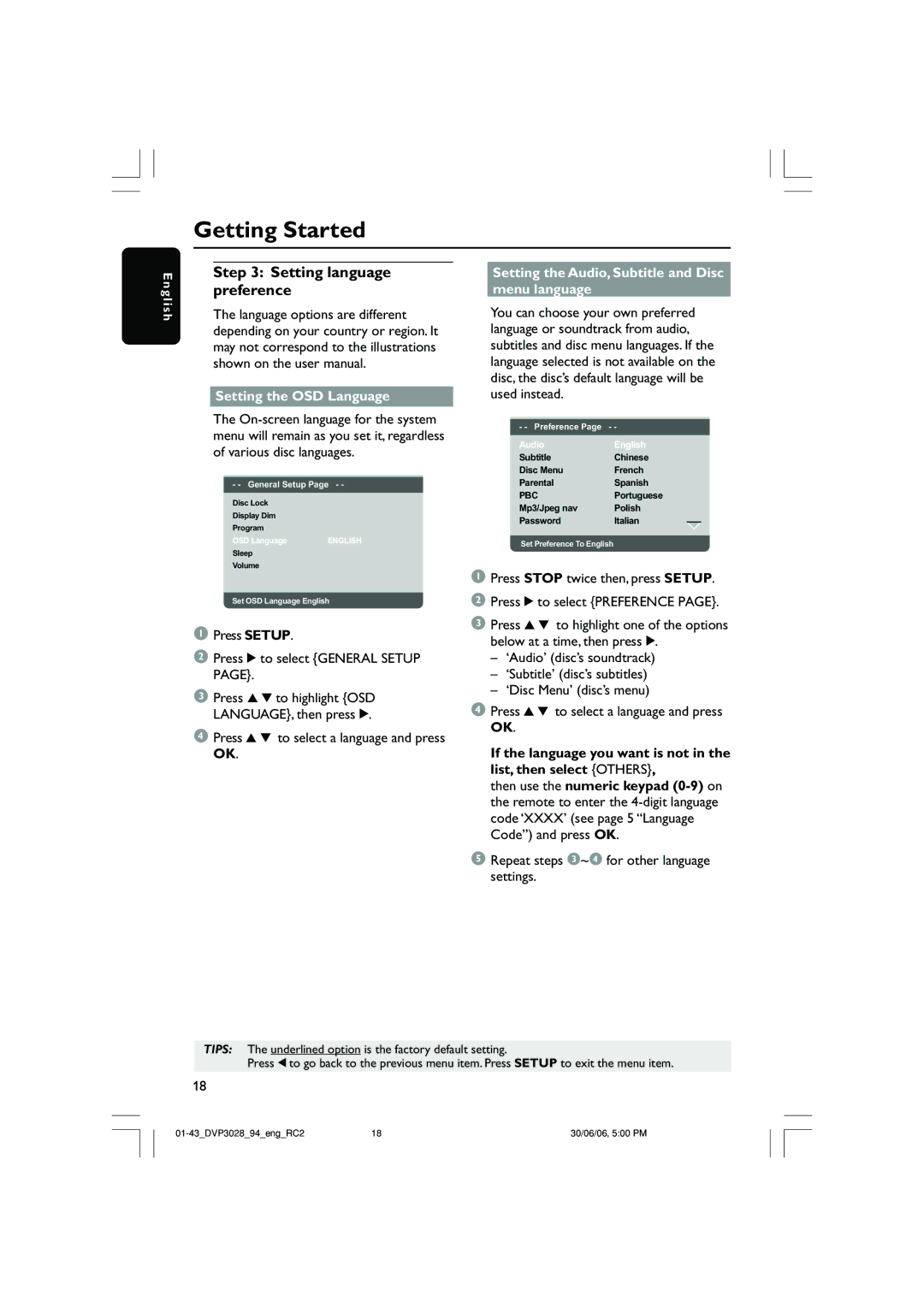 Philips DVP3028 Setting language preference, Setting the OSD Language, Setting the Audio, Subtitle and Disc menu language 