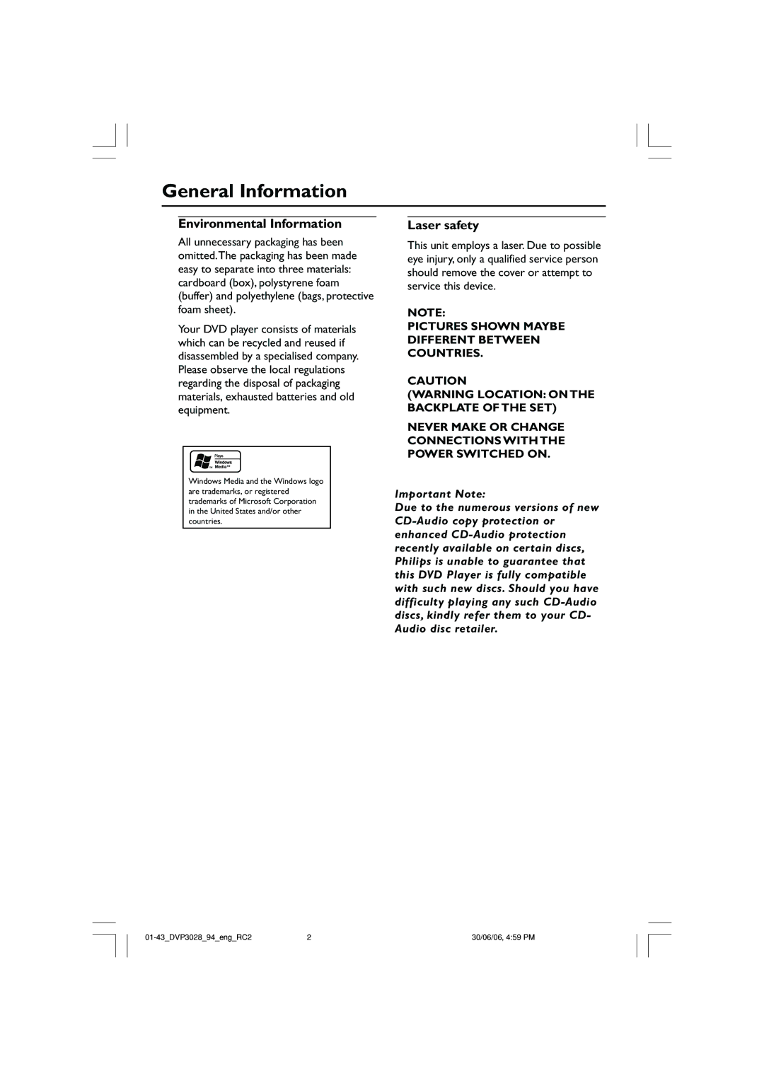 Philips DVP3028/94 user manual General Information, Environmental Information, Laser safety 