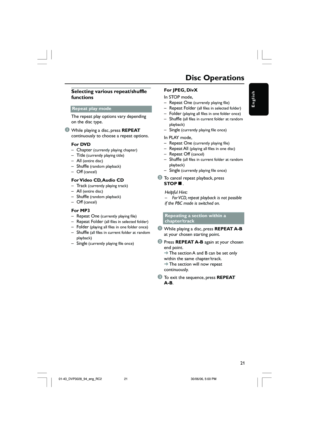 Philips DVP3028/94 user manual Selecting various repeat/shuffle functions, Repeat play mode, Stopç 