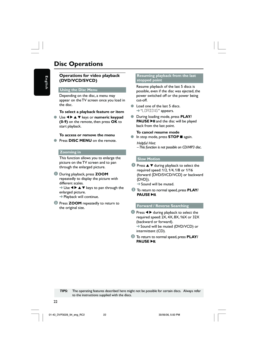 Philips DVP3028/94 user manual Operations for video playback DVD/VCD/SVCD 