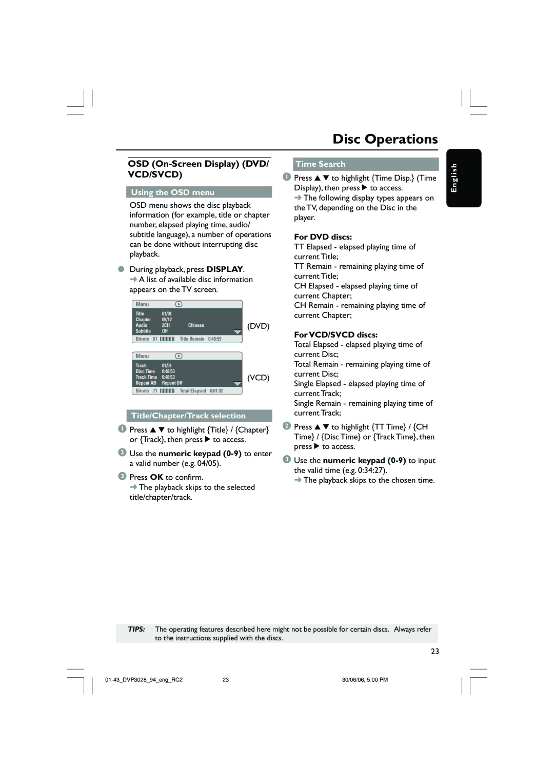 Philips DVP3028/94 OSD On-Screen Display DVD/ VCD/SVCD, Using the OSD menu, Title/Chapter/Track selection, Time Search 