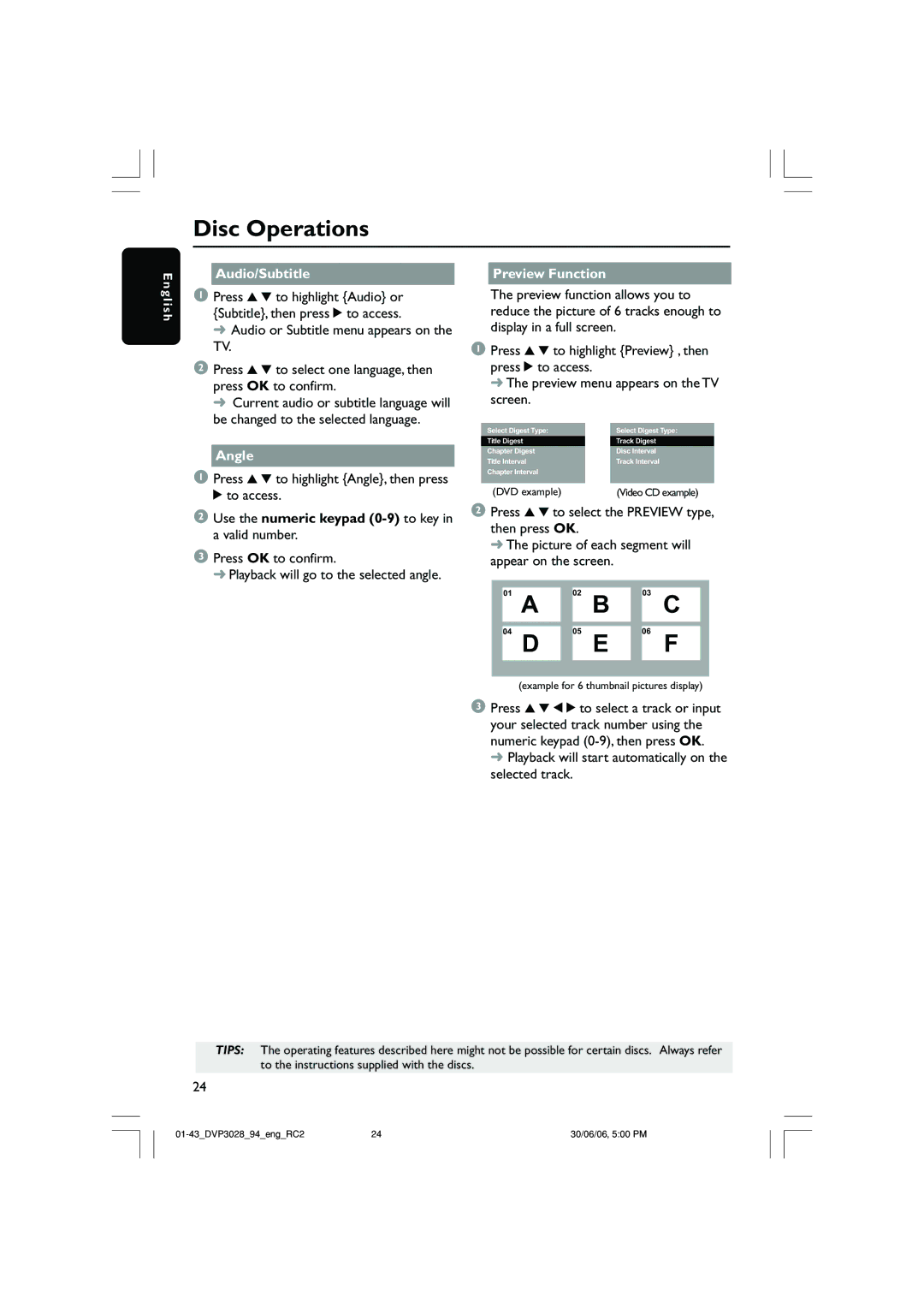 Philips DVP3028/94 user manual Audio/Subtitle Preview Function, Press 3 4 to highlight Angle, then press 2 to access 