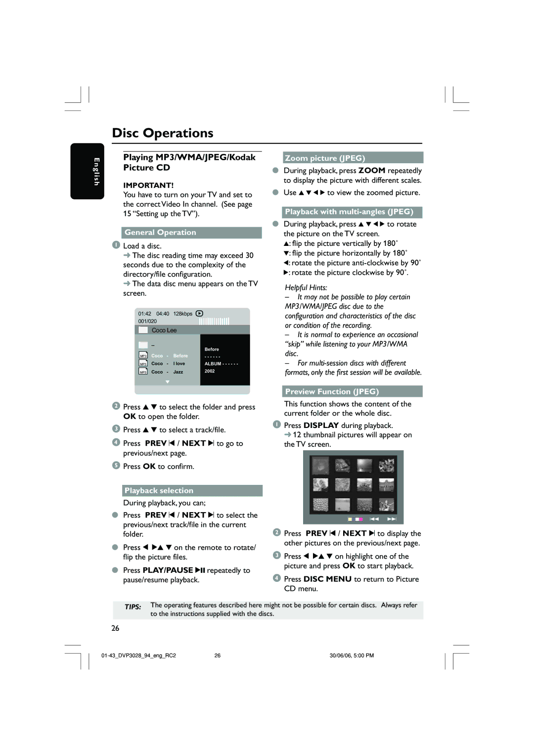 Philips DVP3028/94 user manual Playing MP3/WMA/JPEG/Kodak Picture CD 