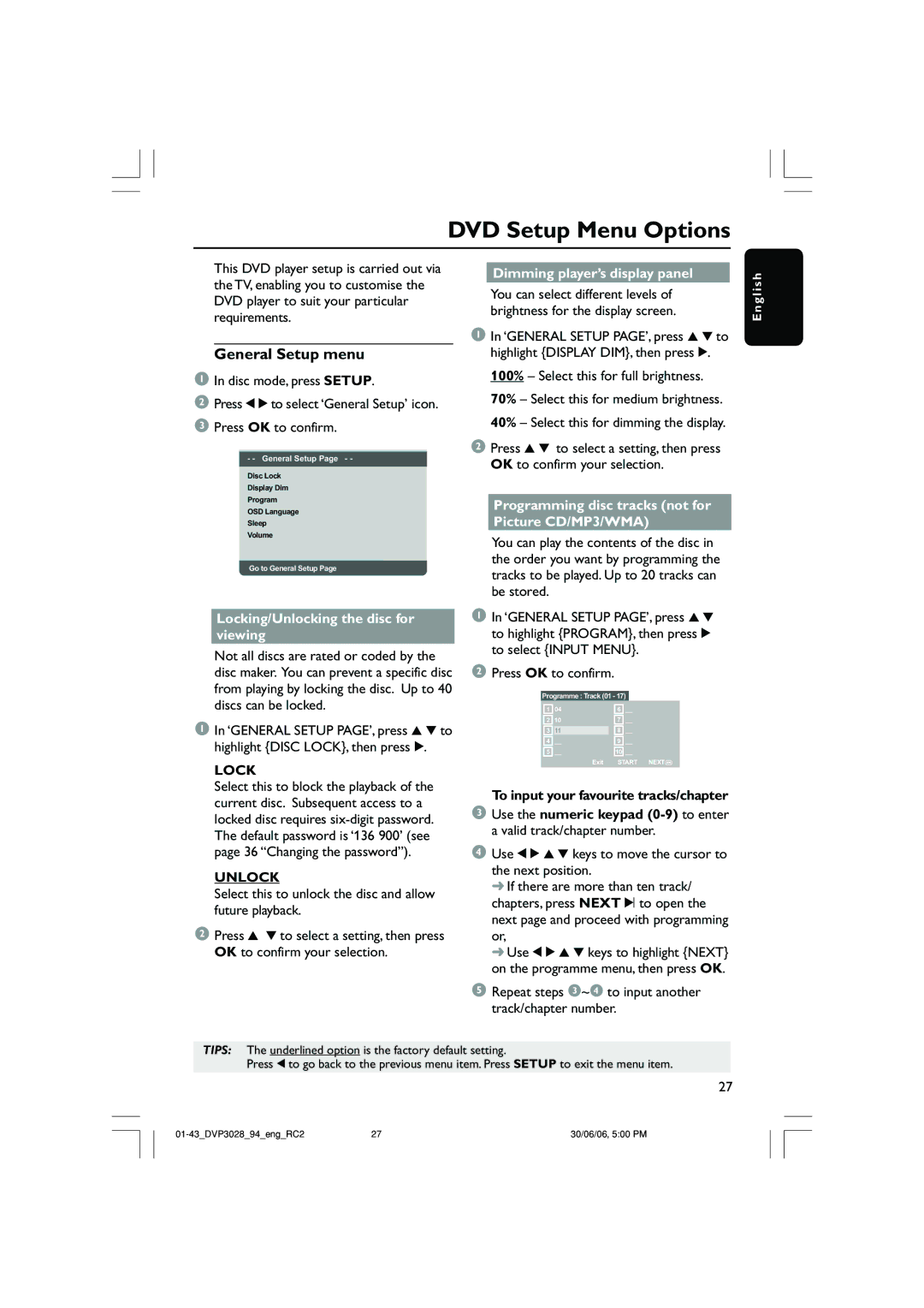 Philips DVP3028/94 user manual DVD Setup Menu Options, General Setup menu, Lock, Unlock 