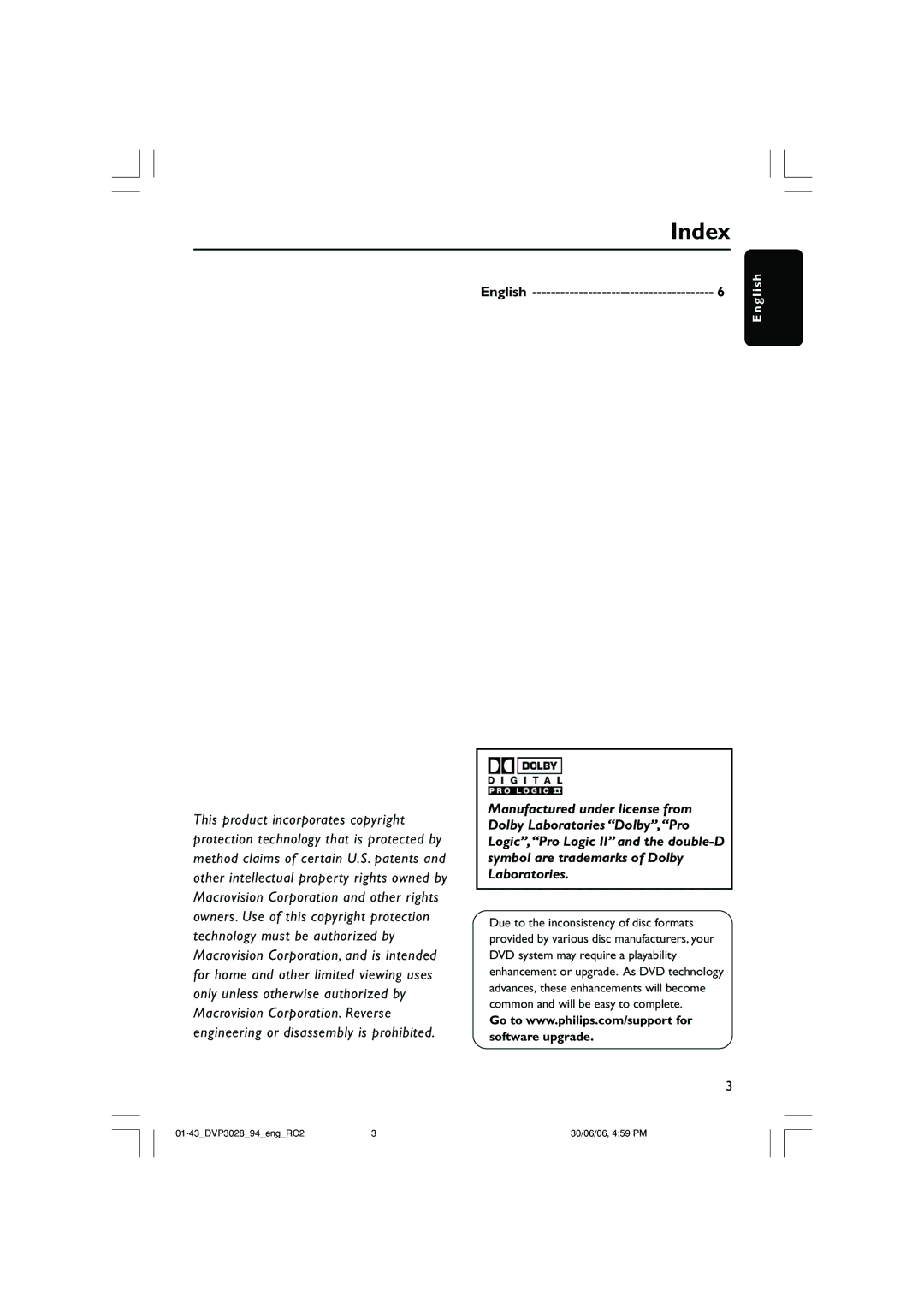 Philips DVP3028/94 user manual Index, English 