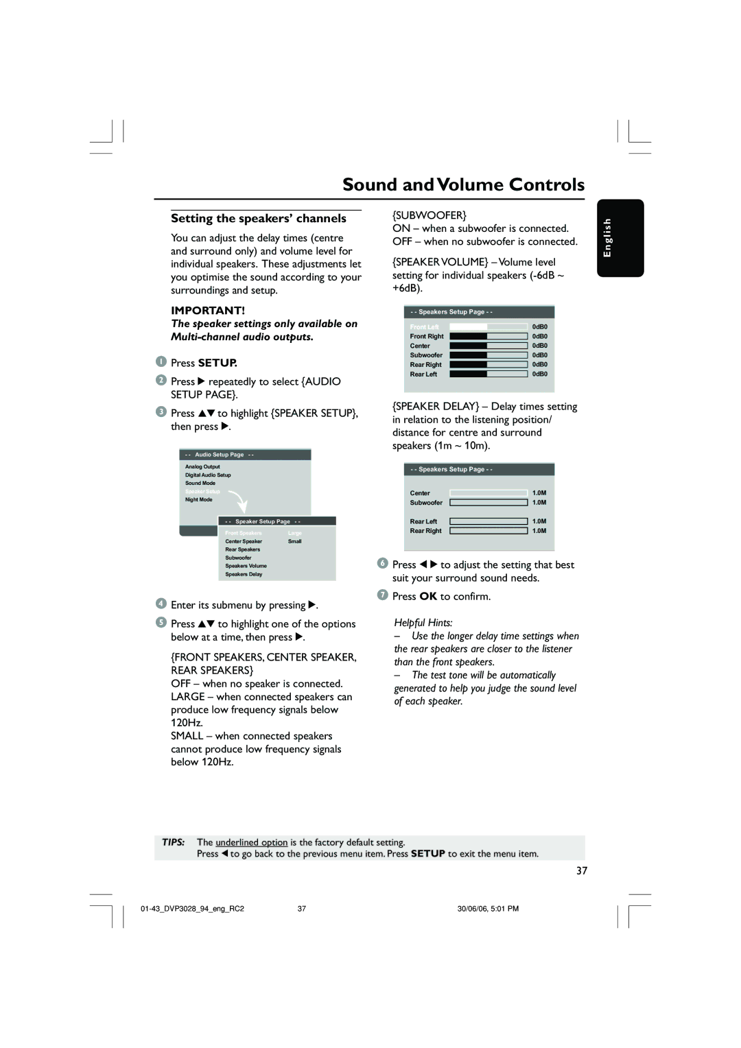 Philips DVP3028/94 user manual Sound and Volume Controls, Setting the speakers’ channels 