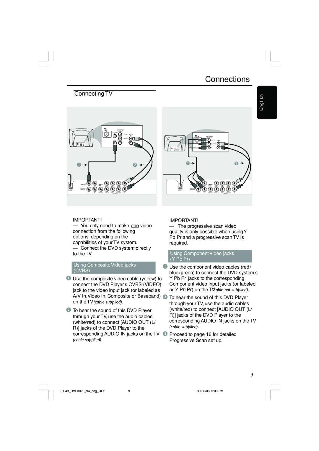 Philips DVP3028/94 user manual Connections, Using Composite Video jacks Cvbs, Using Component Video jacks Y Pb Pr 