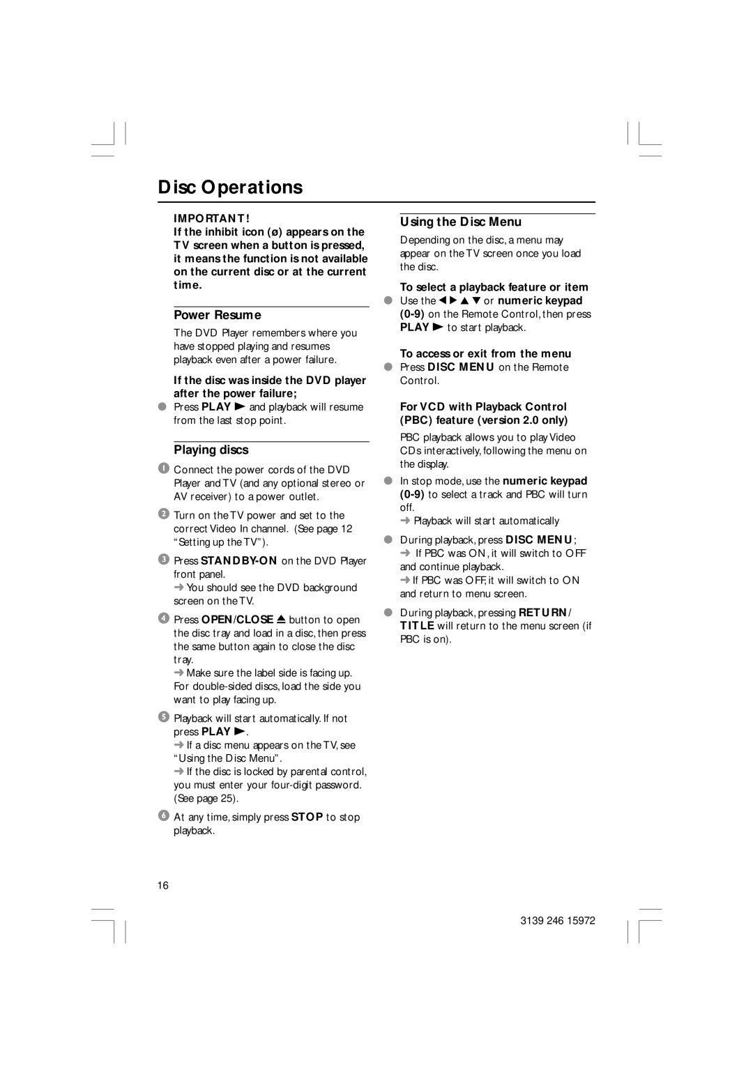 Philips DVP3030A/94 user manual Power Resume, Playing discs, Using the Disc Menu 