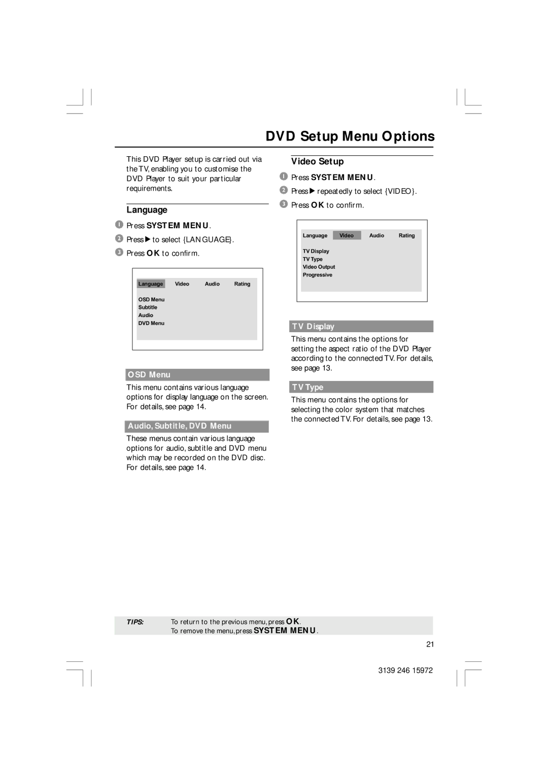 Philips DVP3030A/94 user manual DVD Setup Menu Options, Language, Video Setup 