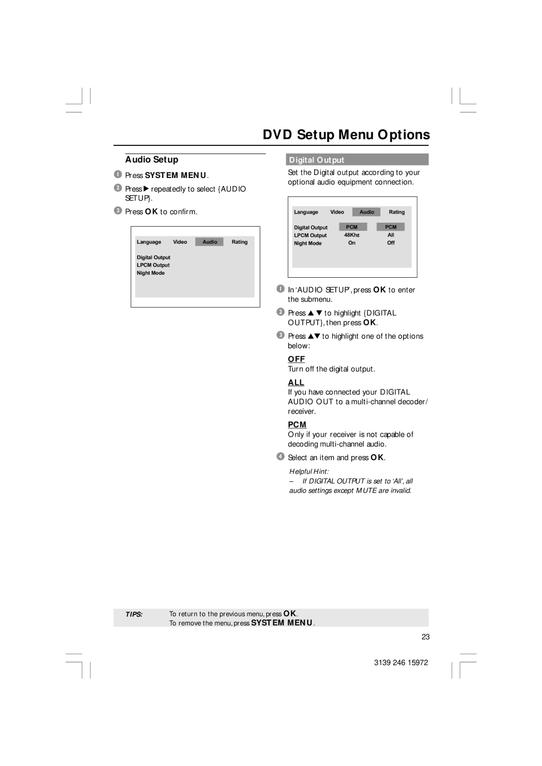 Philips DVP3030A/94 user manual Audio Setup, Digital Output, All, Pcm 