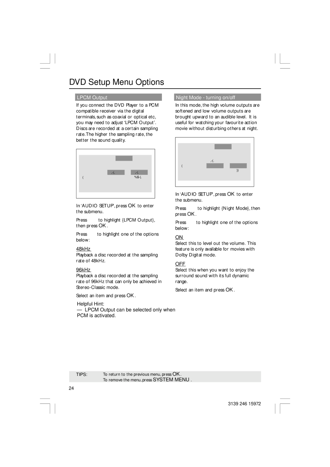 Philips DVP3030A/94 user manual Lpcm Output, Playback a disc recorded at the sampling rate of 48kHz, 96kHz 