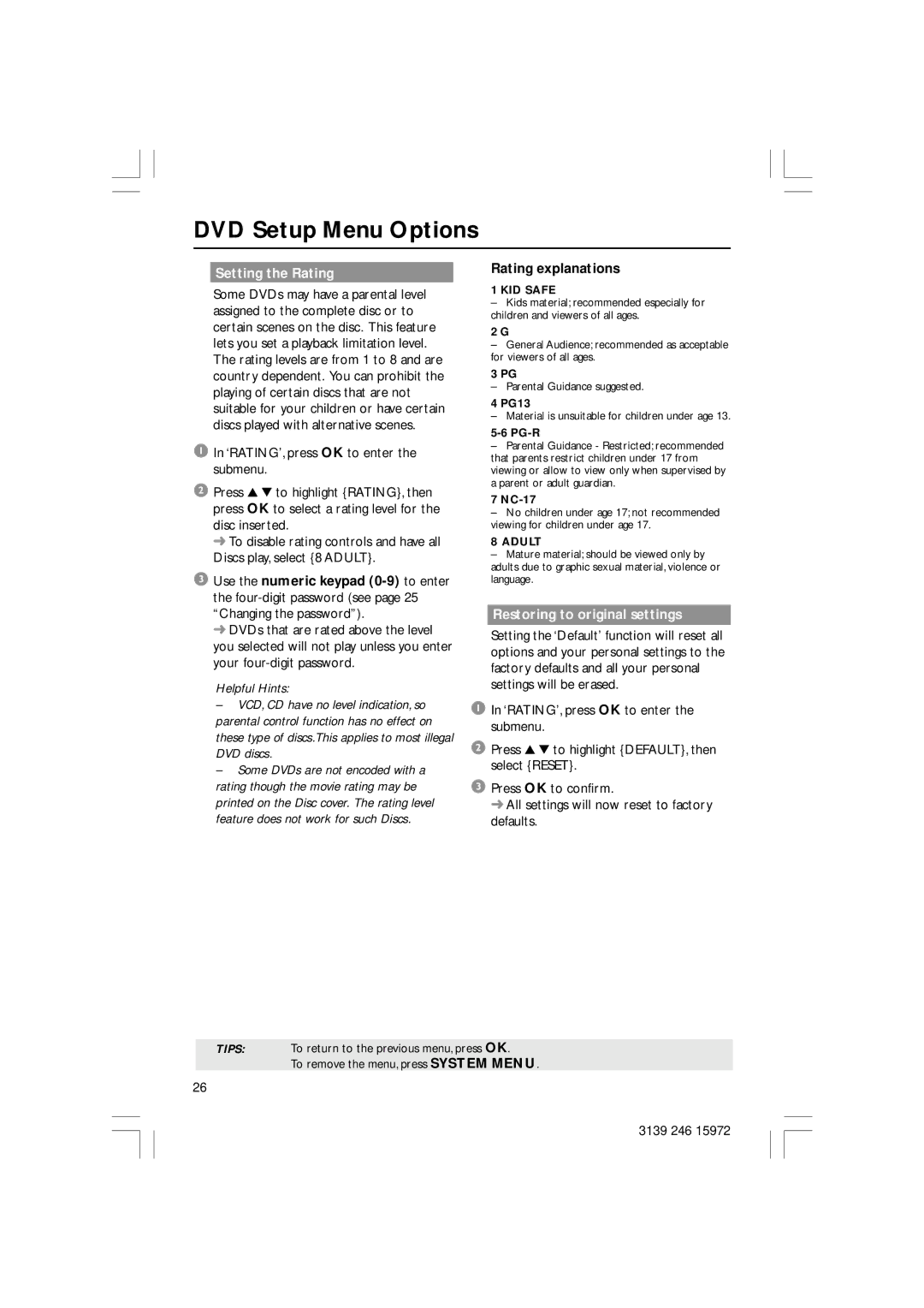 Philips DVP3030A/94 user manual Setting the Rating, Rating explanations, Restoring to original settings 