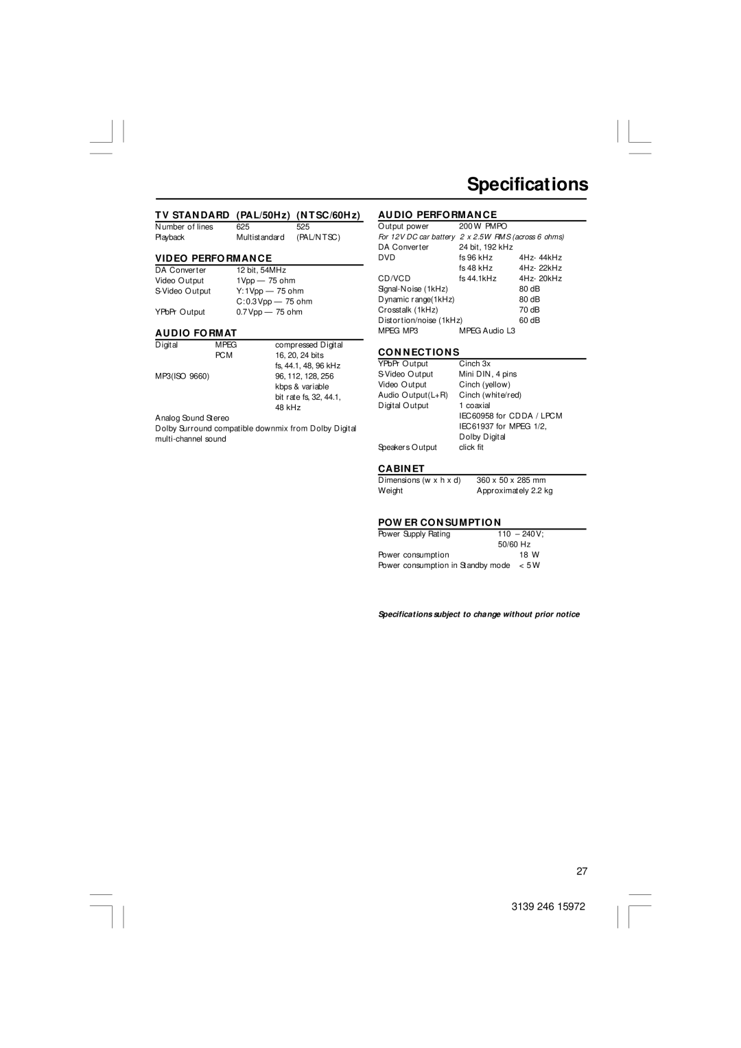 Philips DVP3030A/94 user manual Specifications, Audio Format 