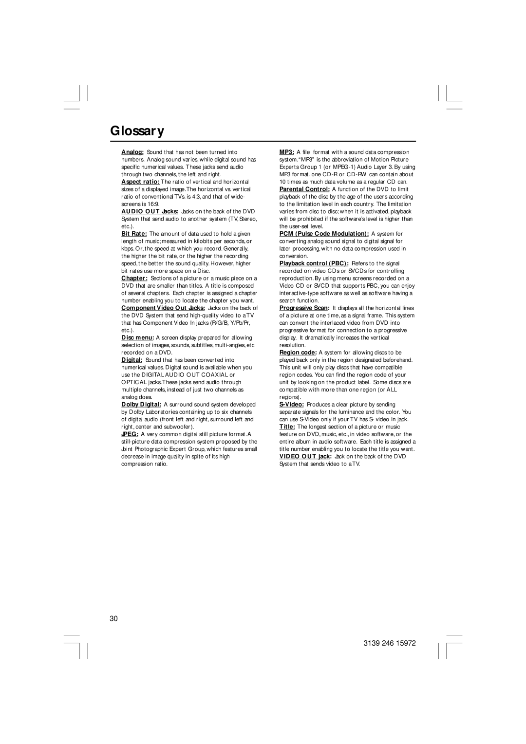 Philips DVP3030A/94 user manual Glossary 