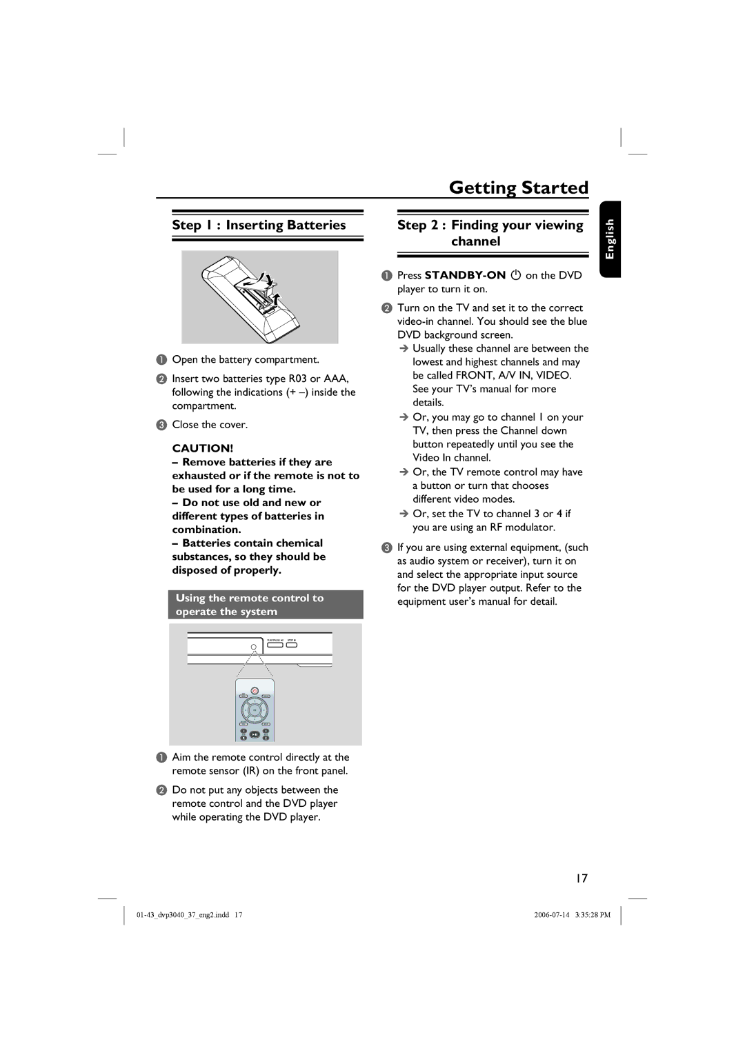 Philips DVP3042, DVP3040 manual Getting Started, Inserting Batteries, Finding your viewing channel 