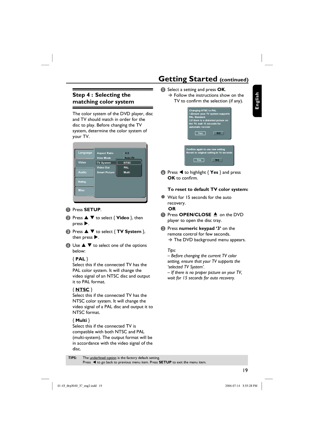 Philips DVP3042, DVP3040 manual Selecting the matching color system, Pal, Ntsc, Multi, To reset to default TV color system 