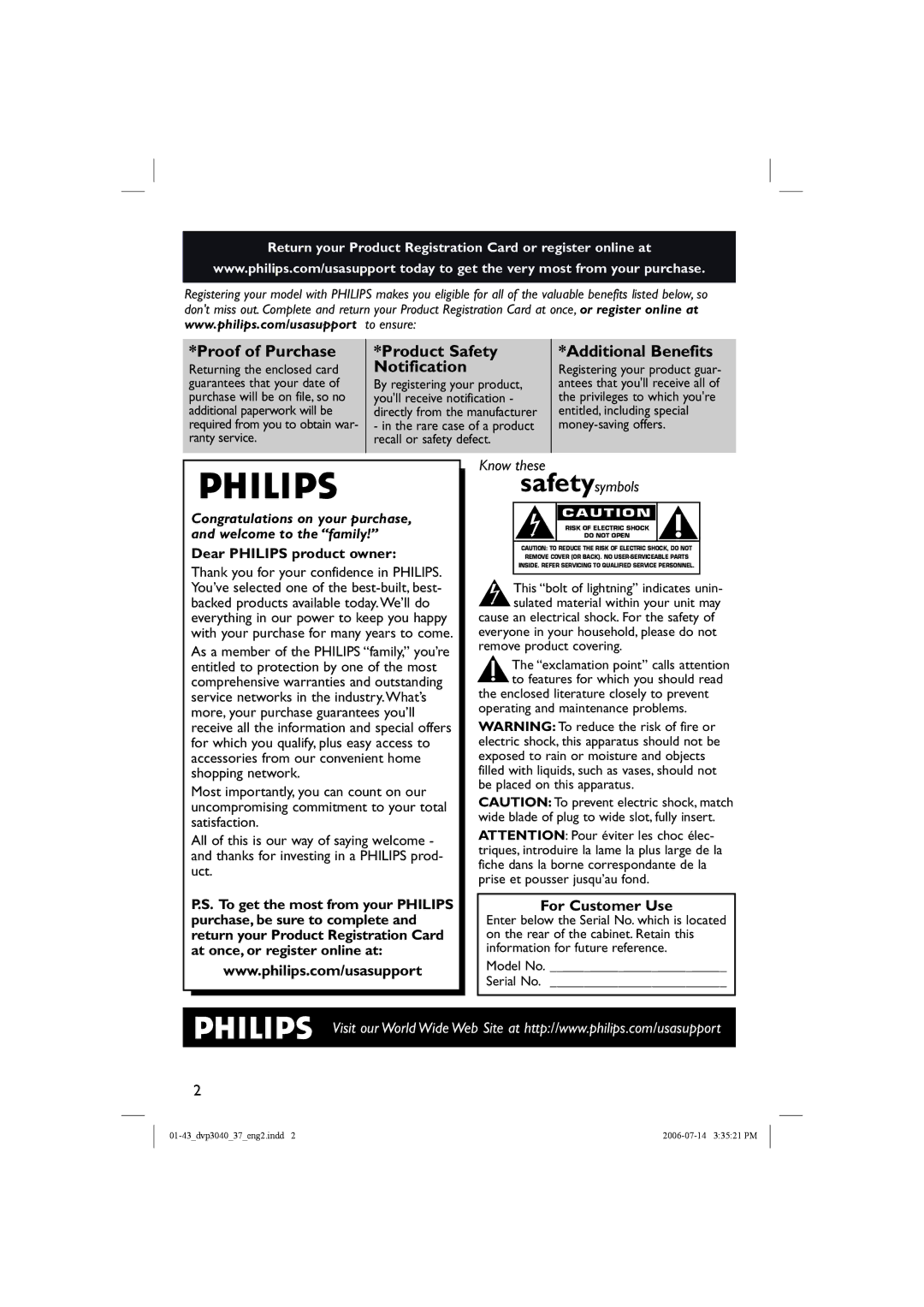 Philips DVP3040, DVP3042 manual Return your Product Registration Card or register online at, Dear Philips product owner 