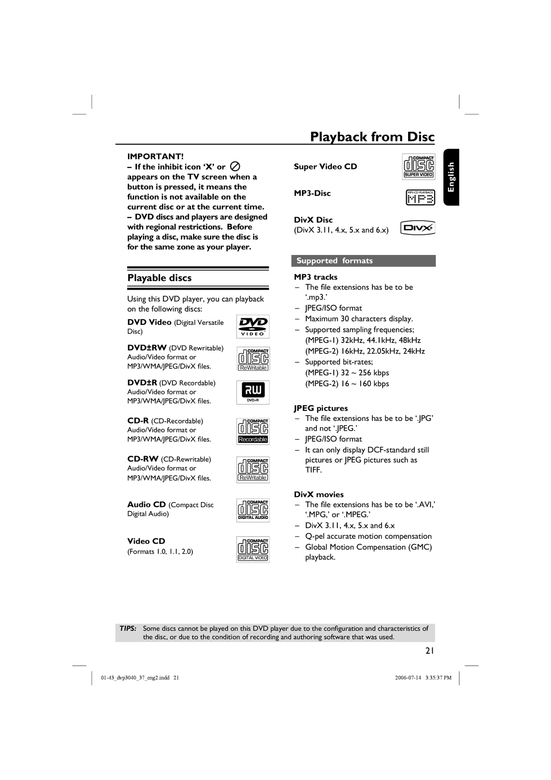 Philips DVP3042, DVP3040 manual Playback from Disc, Playable discs, Supported formats 