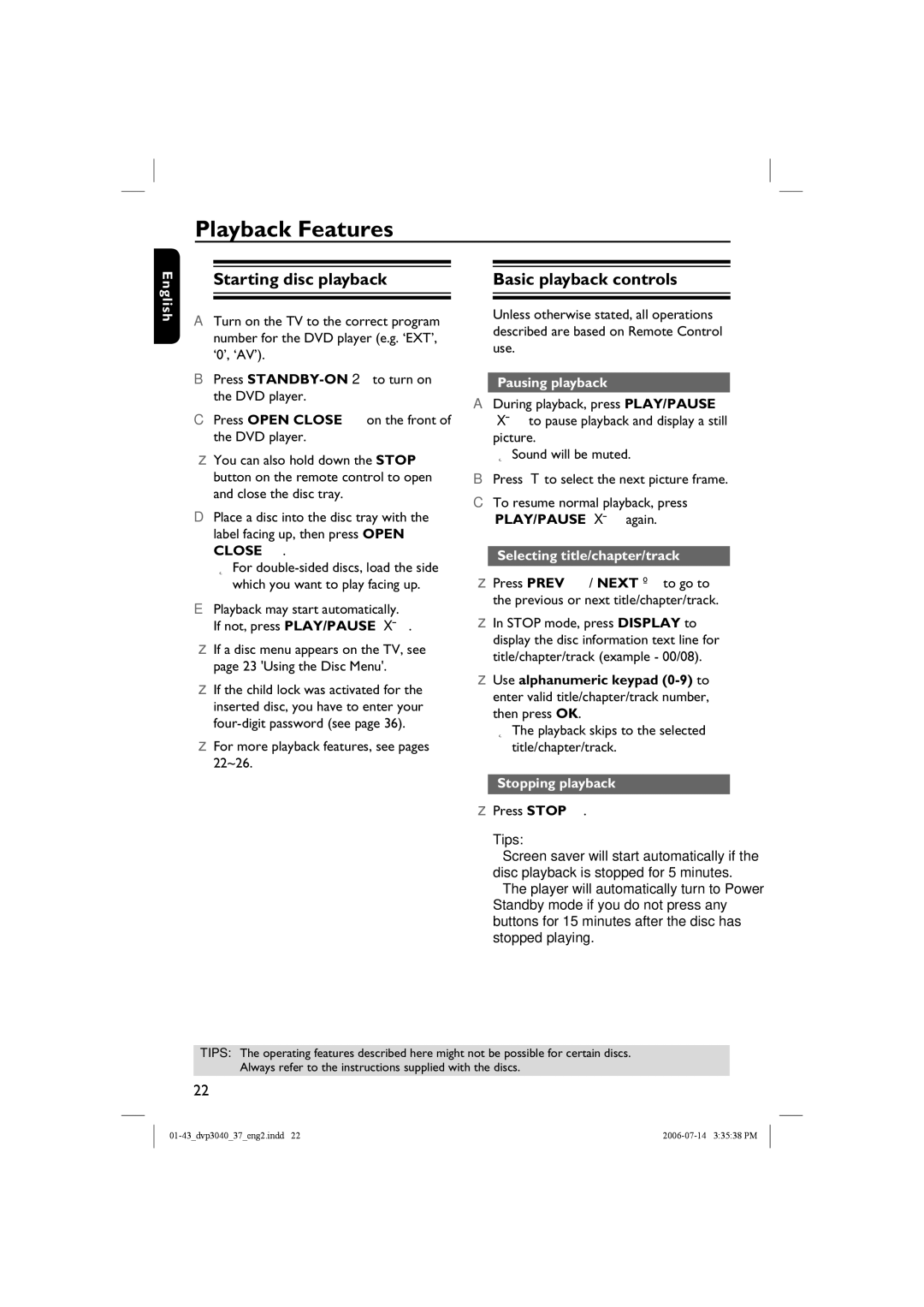 Philips DVP3040, DVP3042 manual Playback Features, Starting disc playback Basic playback controls 