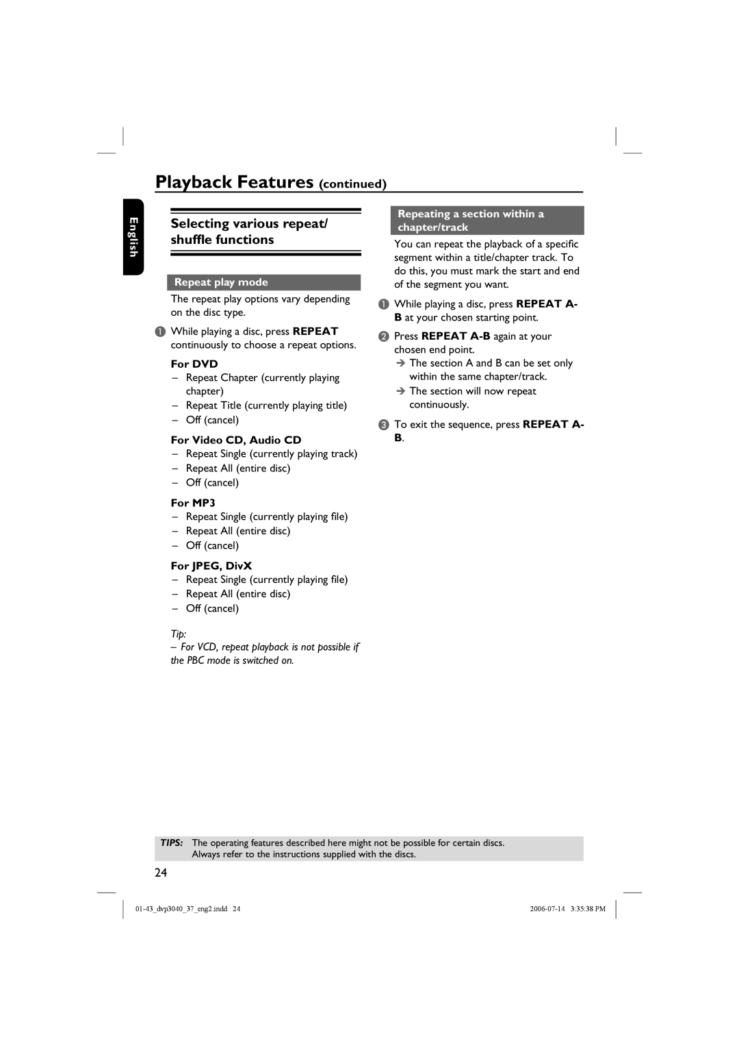 Philips DVP3040 Selecting various repeat/ shuffle functions, Repeat play mode, Repeating a section within a chapter/track 