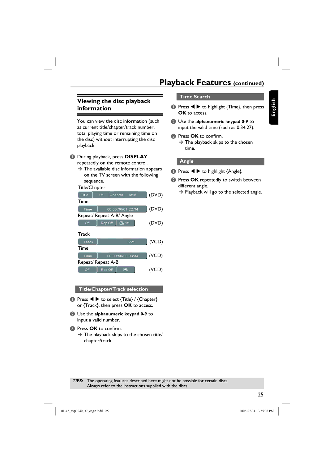 Philips DVP3042, DVP3040 Viewing the disc playback information, Time Search, Angle, English Title/Chapter/Track selection 