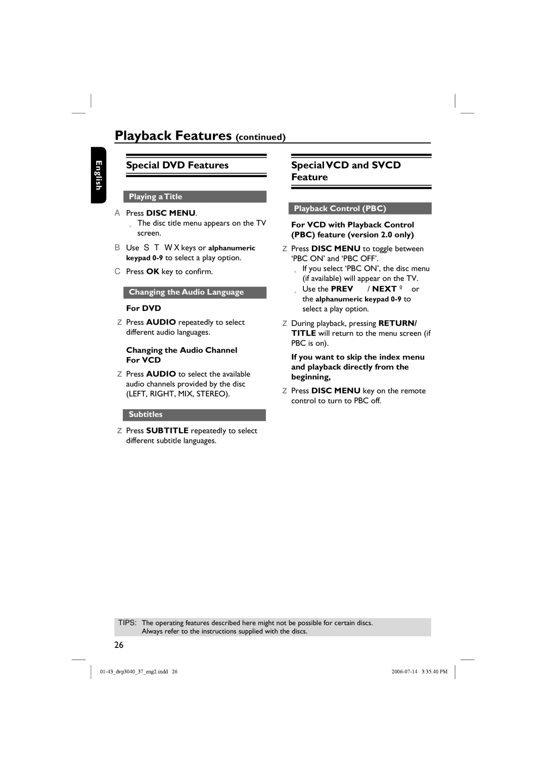 Philips DVP3040, DVP3042 manual Special DVD Features, Special VCD and Svcd Feature 