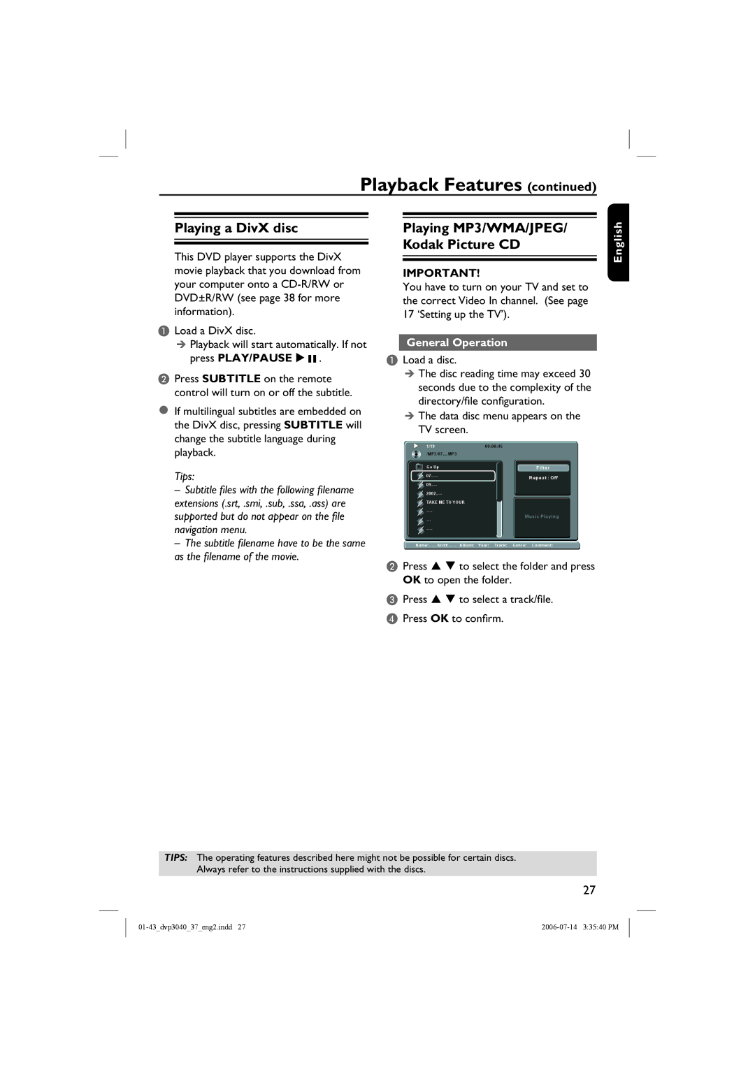 Philips DVP3042, DVP3040 manual Playing a DivX disc, Playing MP3/WMA/JPEG/ Kodak Picture CD, General Operation, Load a disc 