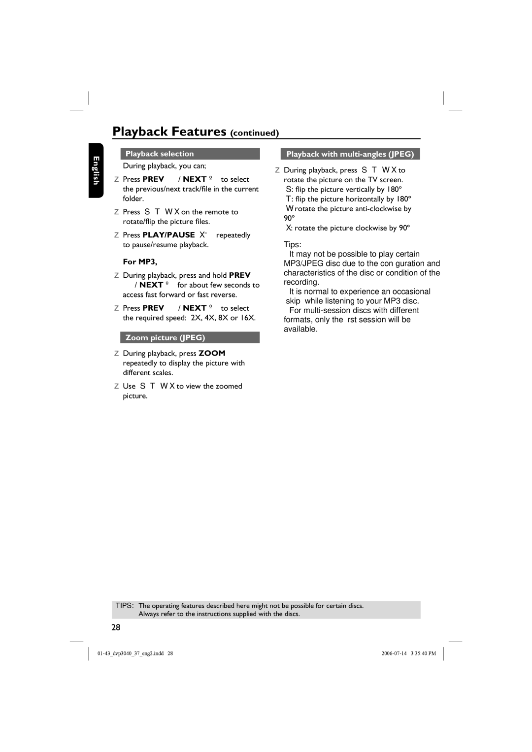 Philips DVP3040 English Playback selection, Press PLAY/PAUSE XÅ repeatedly to pause/resume playback, Zoom picture Jpeg 