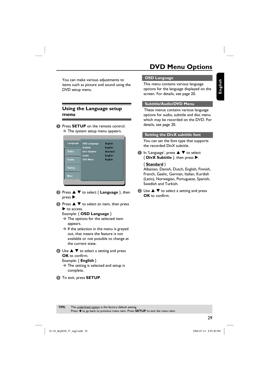 Philips DVP3042, DVP3040 manual DVD Menu Options, Using the Language setup menu, OSD Language, Subtitle/Audio/DVD Menu 