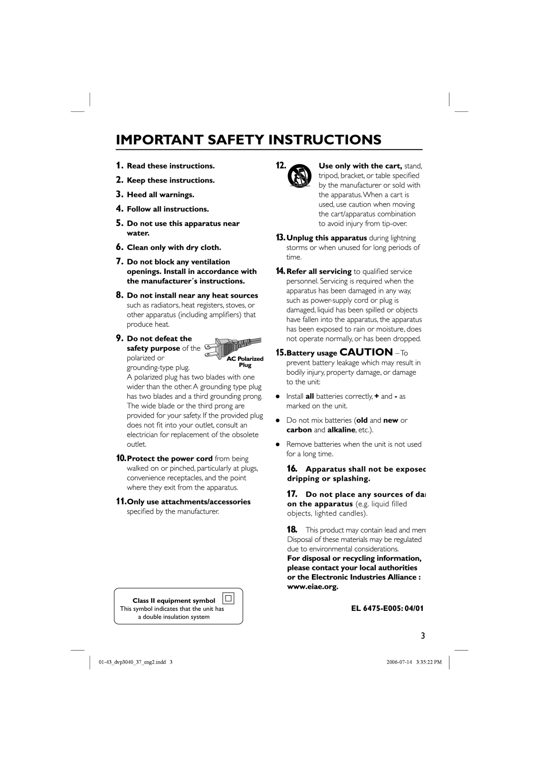 Philips DVP3042, DVP3040 manual English, Class II equipment symbol 