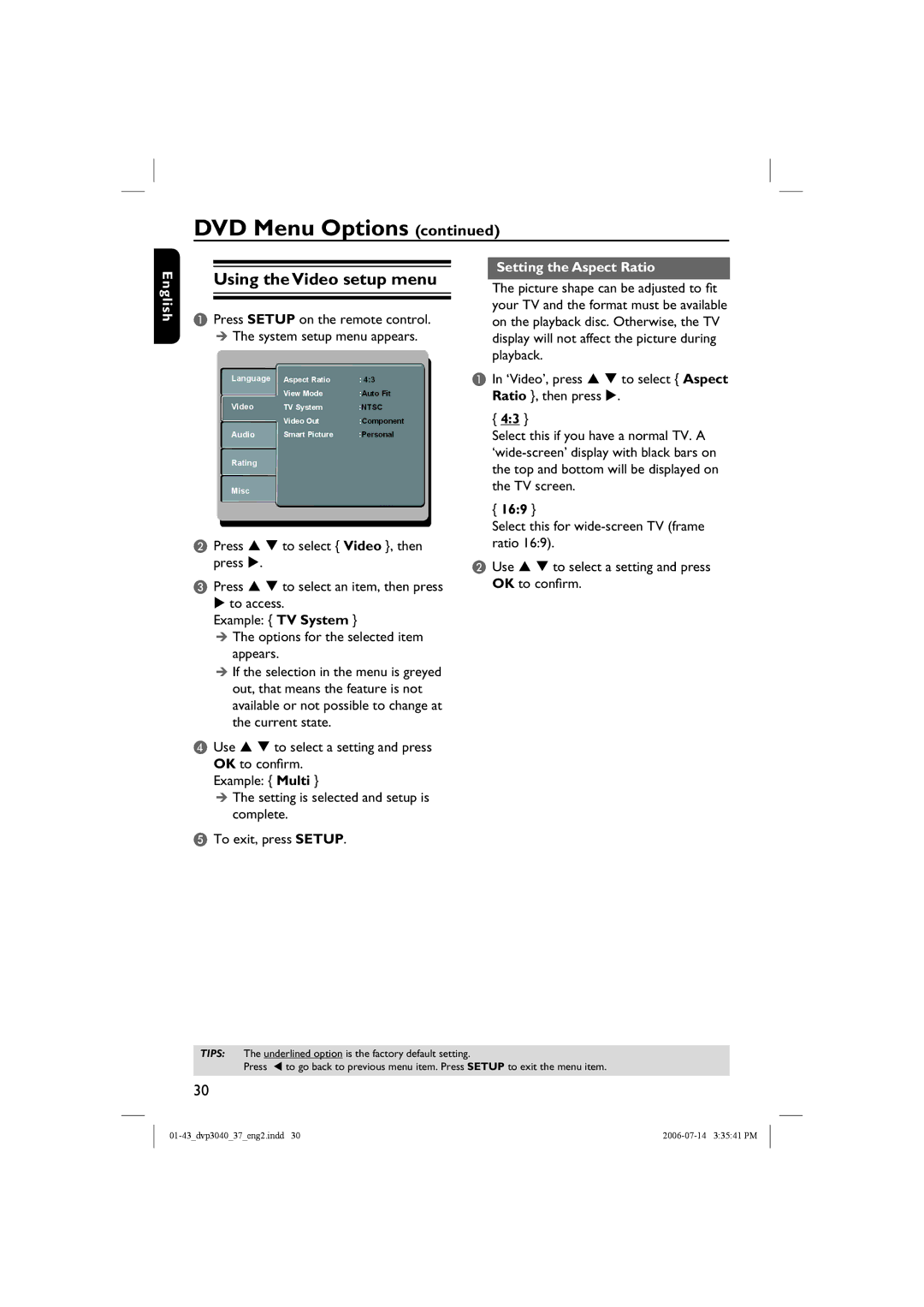 Philips DVP3040, DVP3042 manual Using the Video setup menu, Setting the Aspect Ratio, 169 