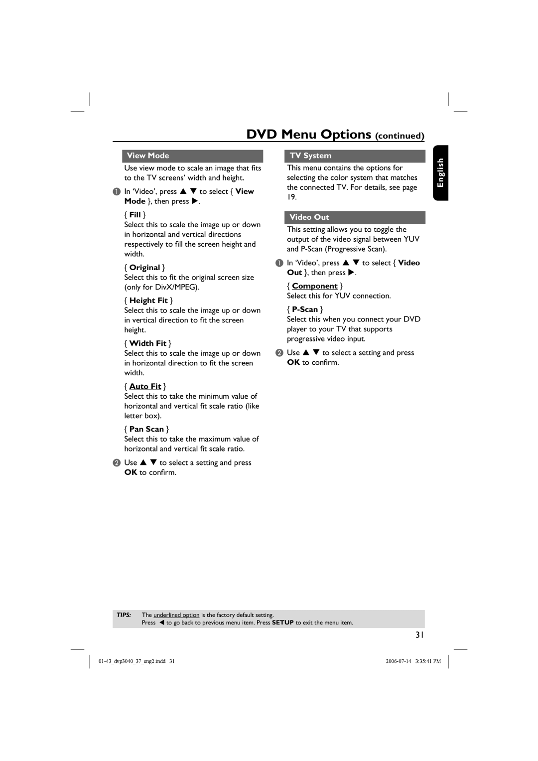 Philips DVP3042, DVP3040 manual View Mode TV System, Video Out 