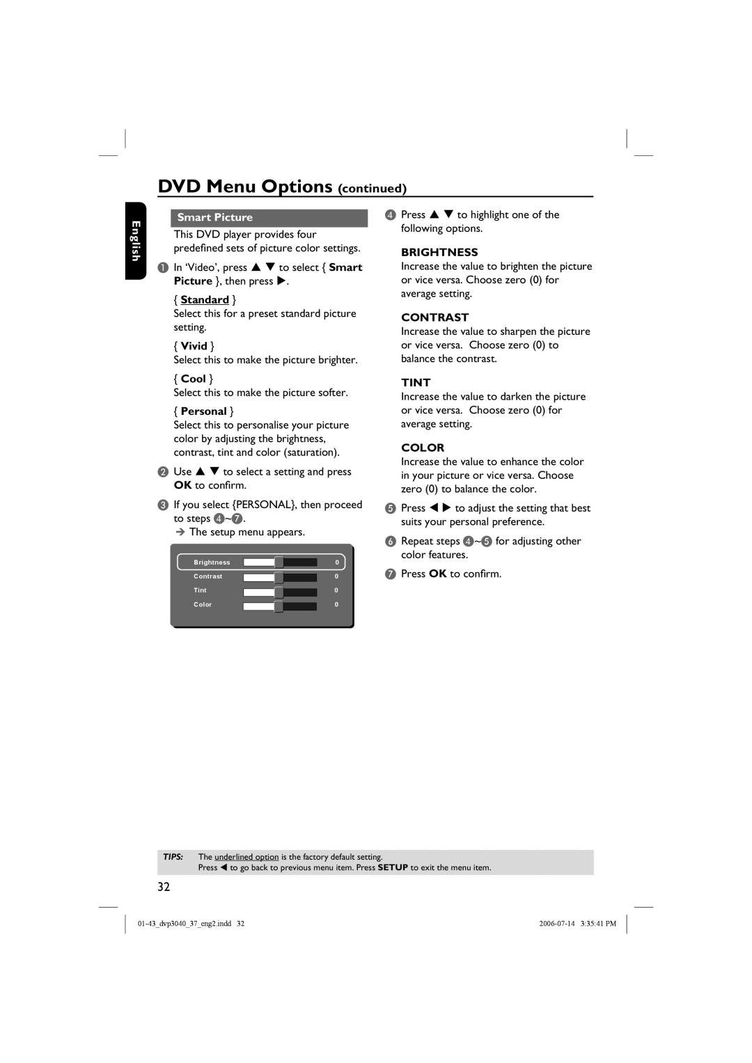 Philips DVP3040, DVP3042 manual English Smart Picture, Vivid, Cool, Personal 