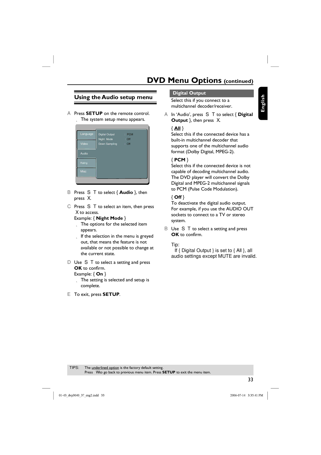 Philips DVP3042, DVP3040 manual Using the Audio setup menu, Digital Output, All, Pcm, Off 