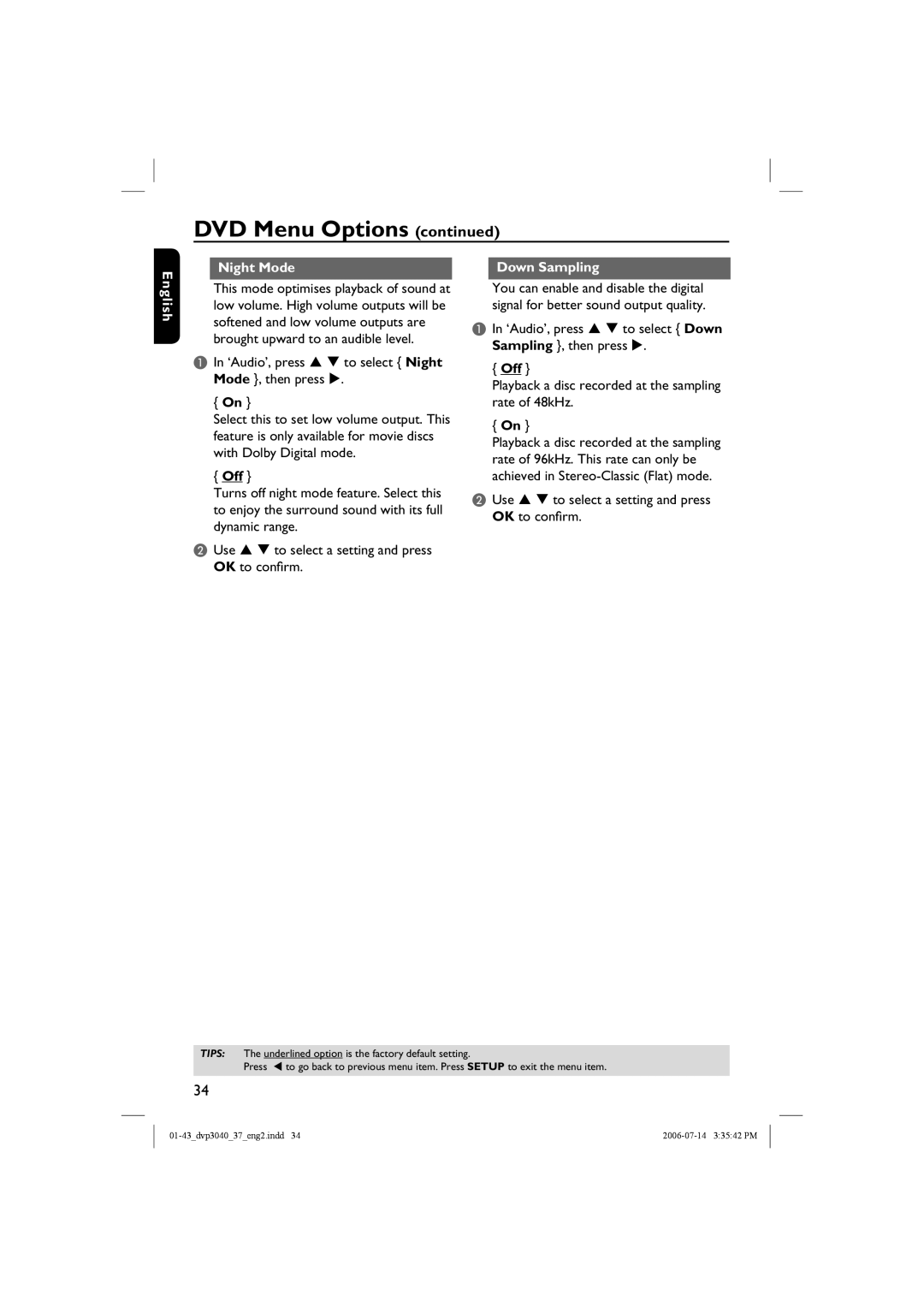 Philips DVP3040, DVP3042 manual Night Mode Down Sampling Nglish, ‘Audio’, press S T to select Down Sampling , then press 