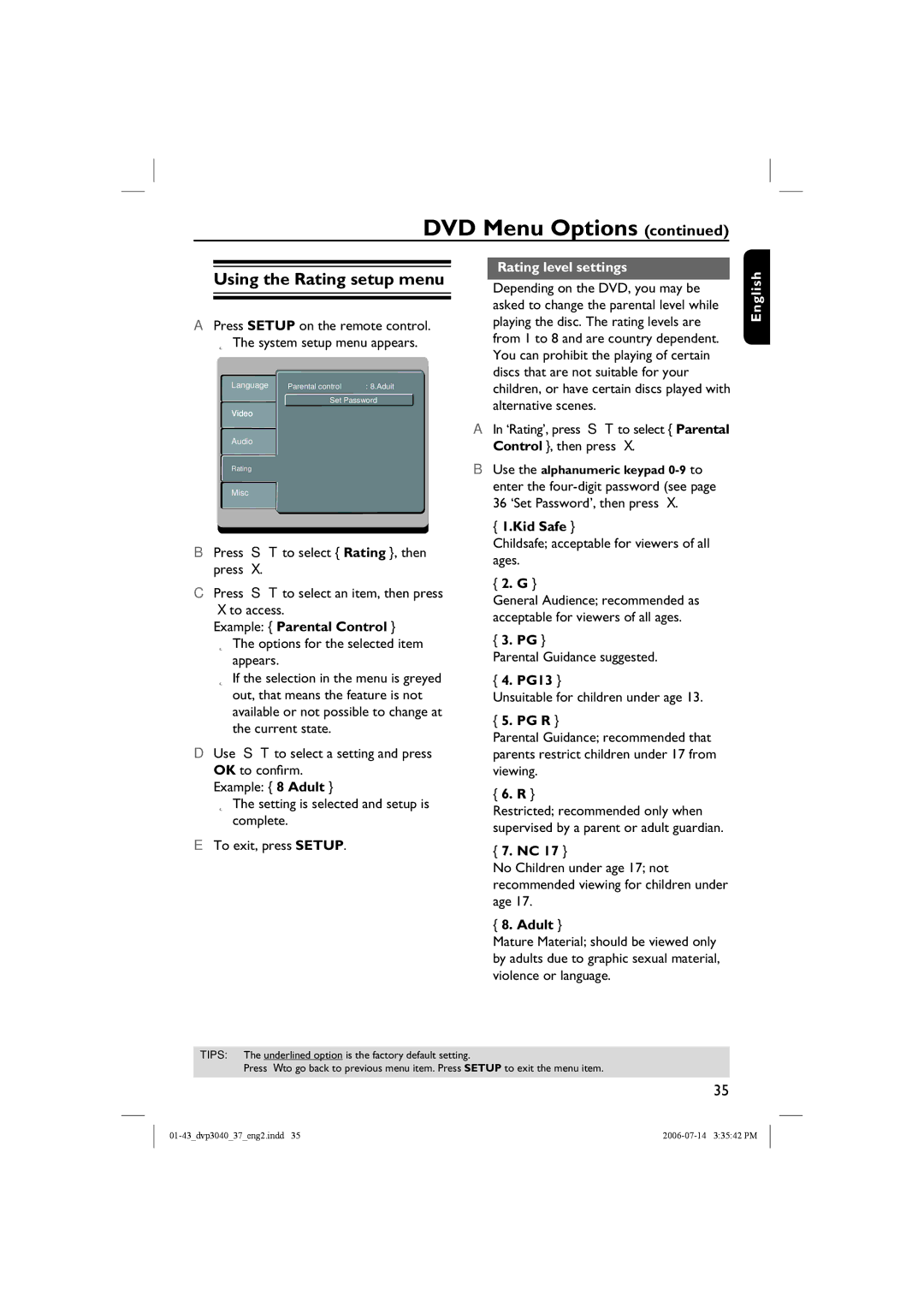 Philips DVP3042, DVP3040 manual Using the Rating setup menu, Rating level settings 