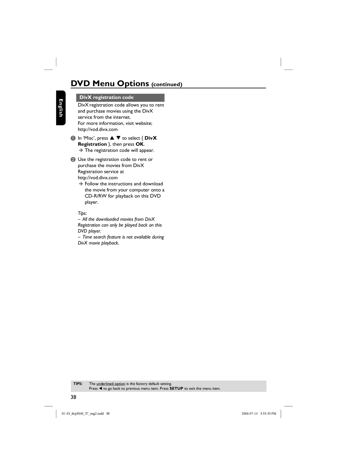 Philips DVP3040, DVP3042 manual DivX registration code 