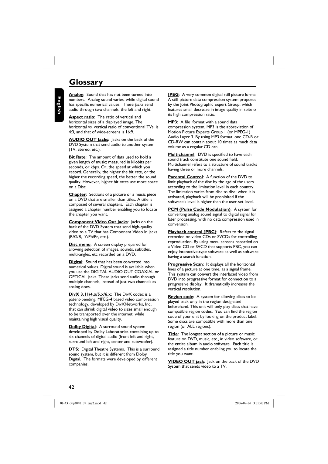 Philips DVP3040, DVP3042 manual Glossary 