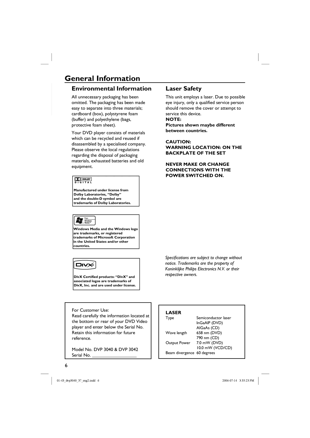 Philips DVP3040, DVP3042 manual General Information, Pictures shown maybe different between countries, For Customer Use 