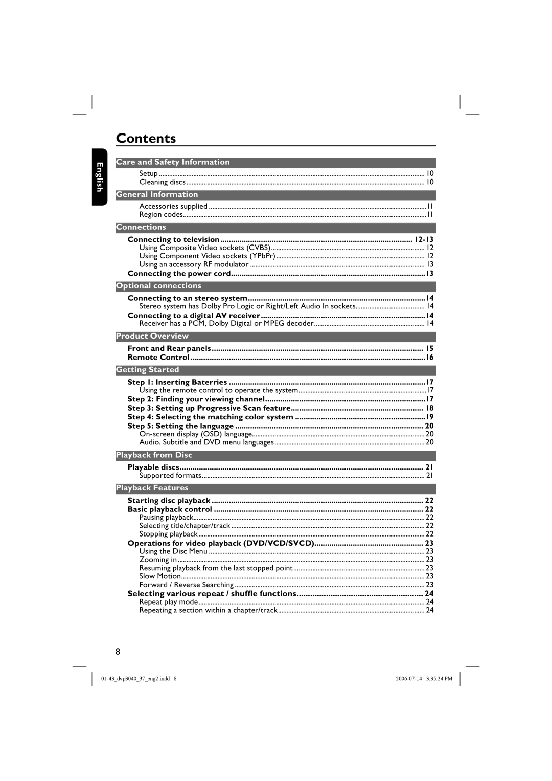 Philips DVP3040, DVP3042 manual Contents 