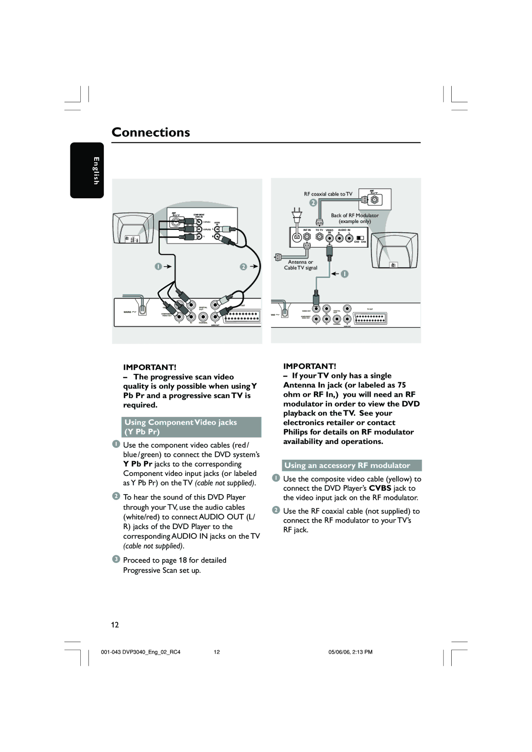 Philips DVP3040/05 user manual Using Component Video jacks Y Pb Pr, Using an accessory RF modulator 