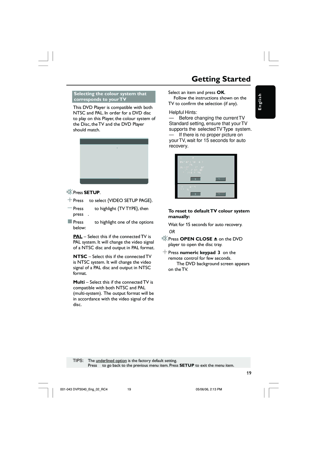 Philips DVP3040/05 Selecting the colour system that corresponds to your TV, To reset to default TV colour system manually 