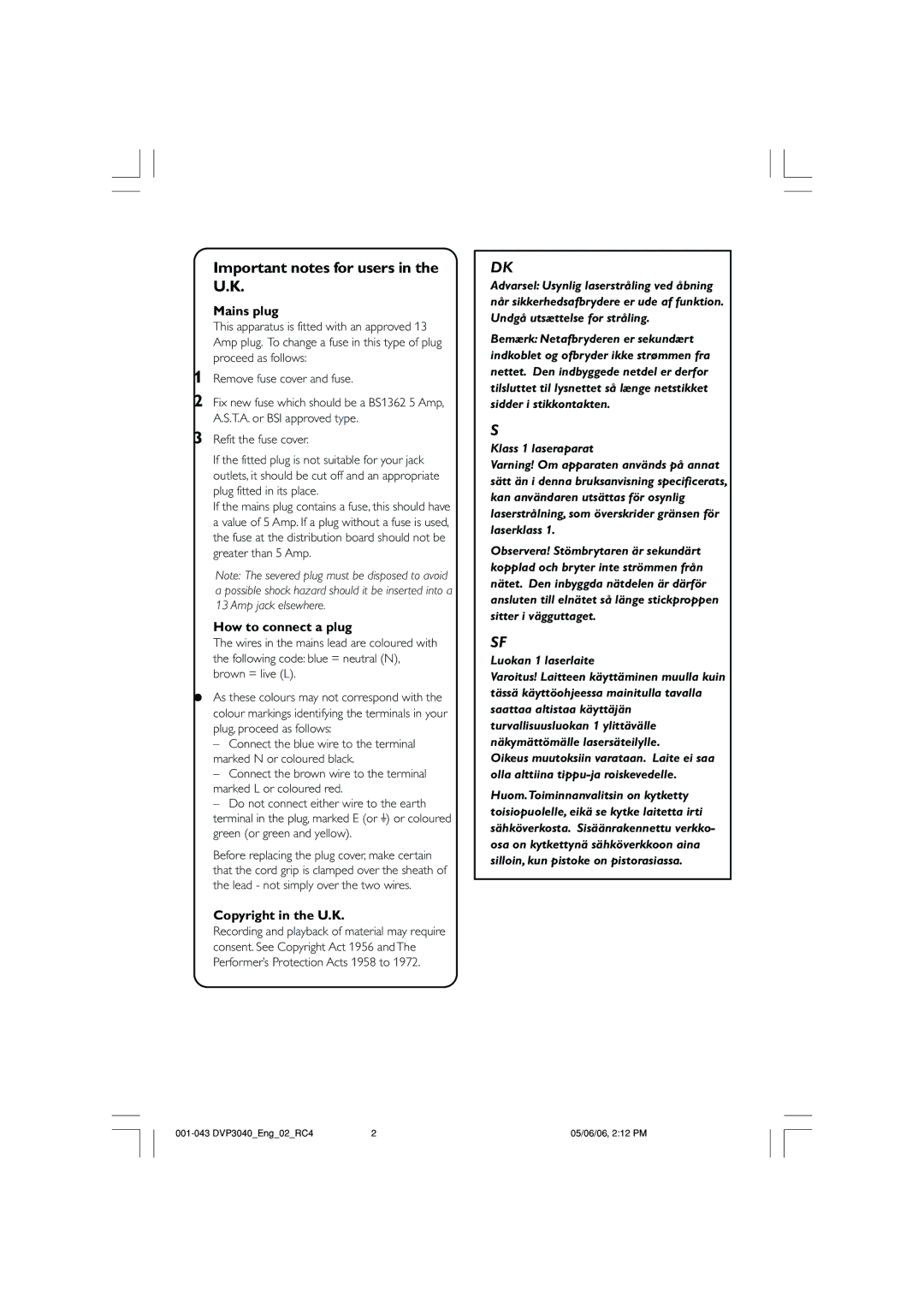 Philips DVP3040/05 user manual Important notes for users in the U.K, Mains plug 